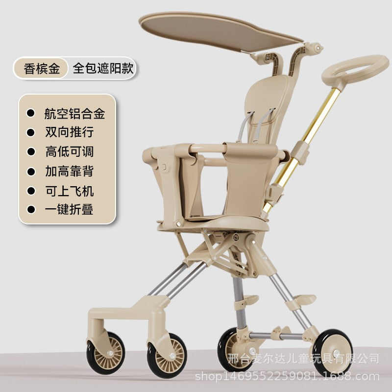 Stroller lightweight foldable two-way baby infant 1 to 3 years old children high landscape stroller - color: champagne + cushion + sunshade-0