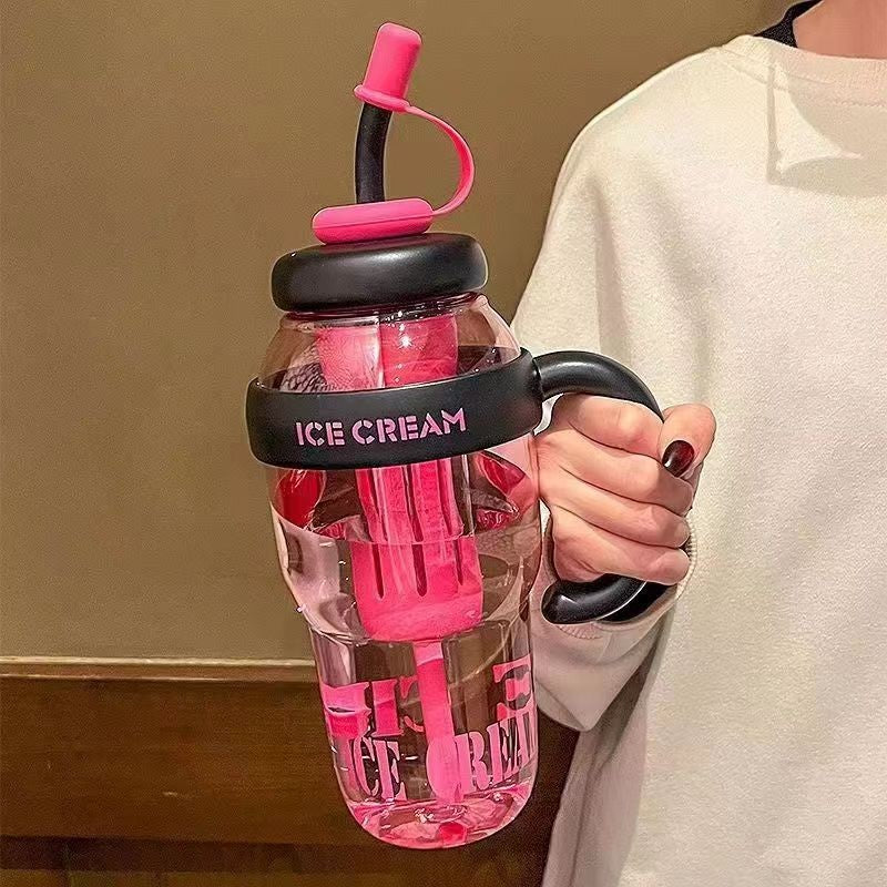 Sticla de Apa, Flippy, Transparenta, 1400 mL, cu Pai si Capac, Roz Inchis-0