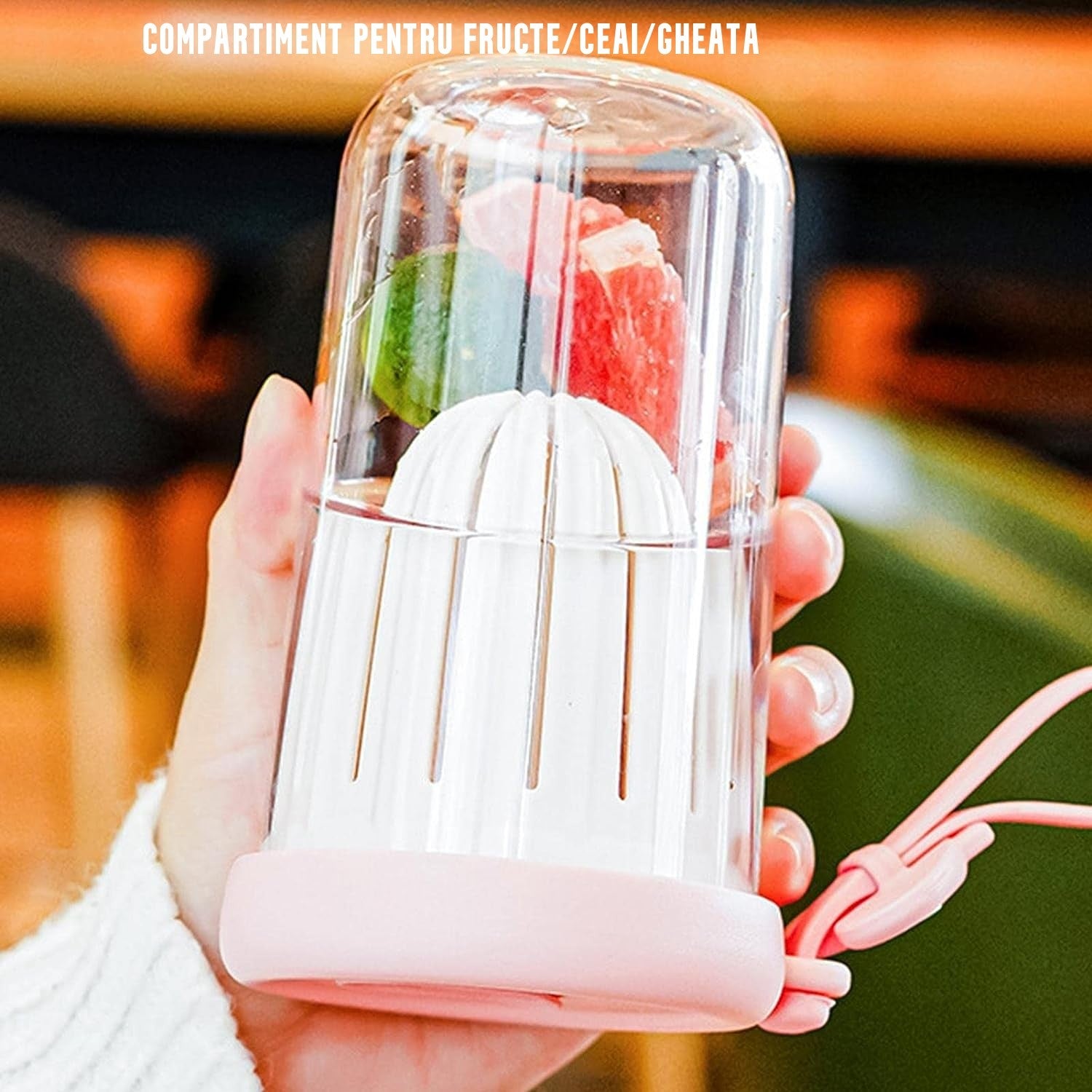 Pahar din silicon, cu capac si pai, pentru copii, Flippy, anti-cadere, compartiment pentru fructe/ceai/gheata, rezistent la temperaturi inalte, 500ml, Roz, 14.5x8.8x20 cm-2