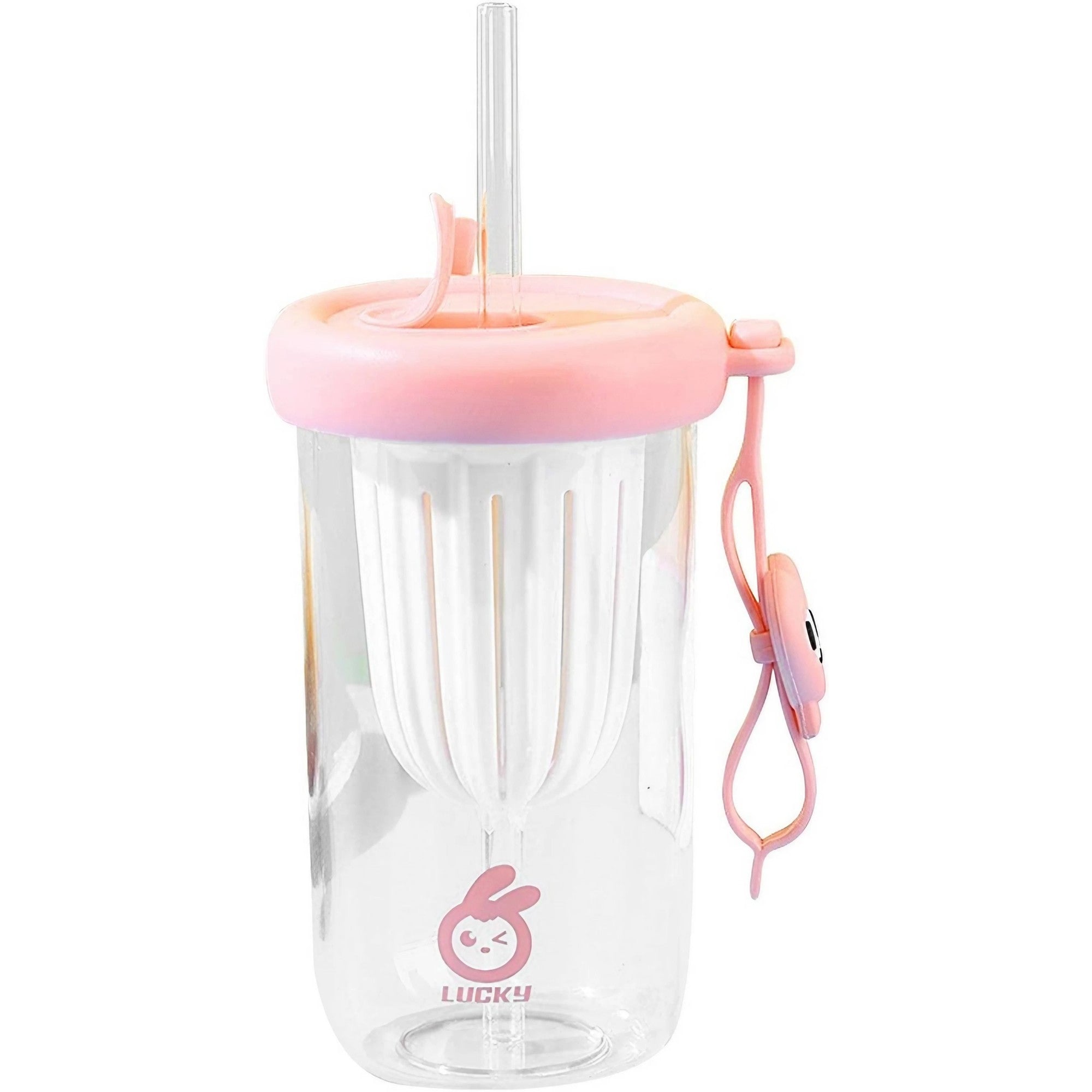 Pahar din silicon, cu capac si pai, pentru copii, Flippy, anti-cadere, compartiment pentru fructe/ceai/gheata, rezistent la temperaturi inalte, 500ml, Roz, 14.5x8.8x20 cm-0