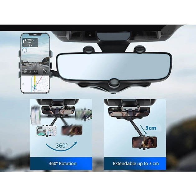 Suport auto Flippy cu atasare la oglinda retrovizoare, rotativ 360 de grade și retractabil, multifuncțional, compatibil cu toate telefoanele mobile, Finisaj Carbon, Negru-2