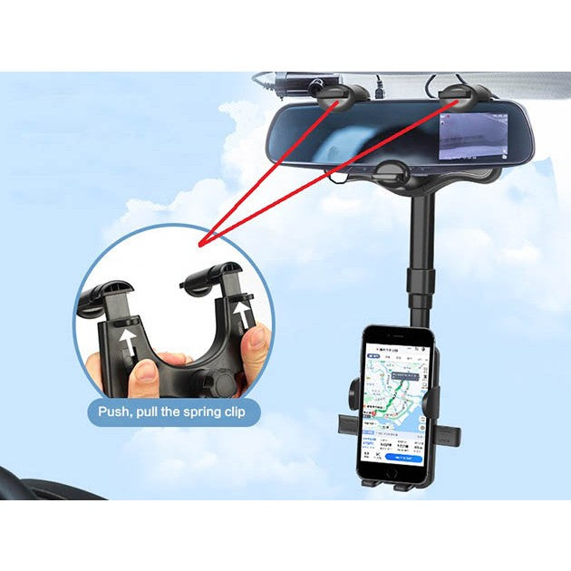 Suport auto Flippy cu atasare la oglinda retrovizoare, rotativ 360 de grade și retractabil, multifuncțional, compatibil cu toate telefoanele mobile, Finisaj Carbon, Negru-4