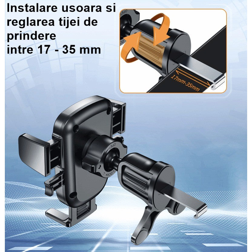 Suport Auto Telefon Flippy, Prindere Grila Ventilatie, Tija Fixare Reglabila, Rotativ 90 grade, Design Modern, Detalii Fine, Material Plastic si Silicon, 11 x  8.5 cm, Negru-5