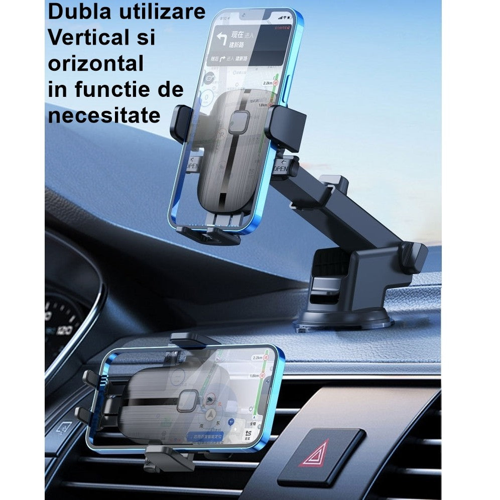 Suport Auto Telefon Flippy, Prindere Grila Ventilatie, Tija Fixare Reglabila, Rotativ 90 grade, Design Modern, Detalii Fine, Material Plastic si Silicon, 11 x  8.5 cm, Model 3, Negru-5