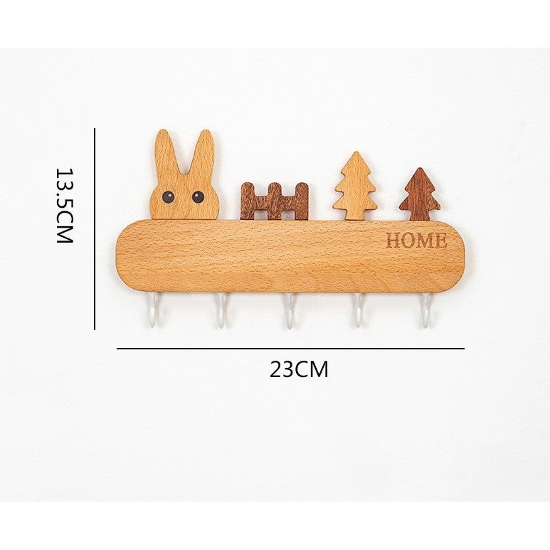 Suport pentru Chei, Flippy, din Lemn, Aplicare fara Perforare, Adeziv Inclus, 5 Carlige Albe, Model Iepure, Greutate Suportata 5 kg, 13.5 x 22 cm, Maro-2