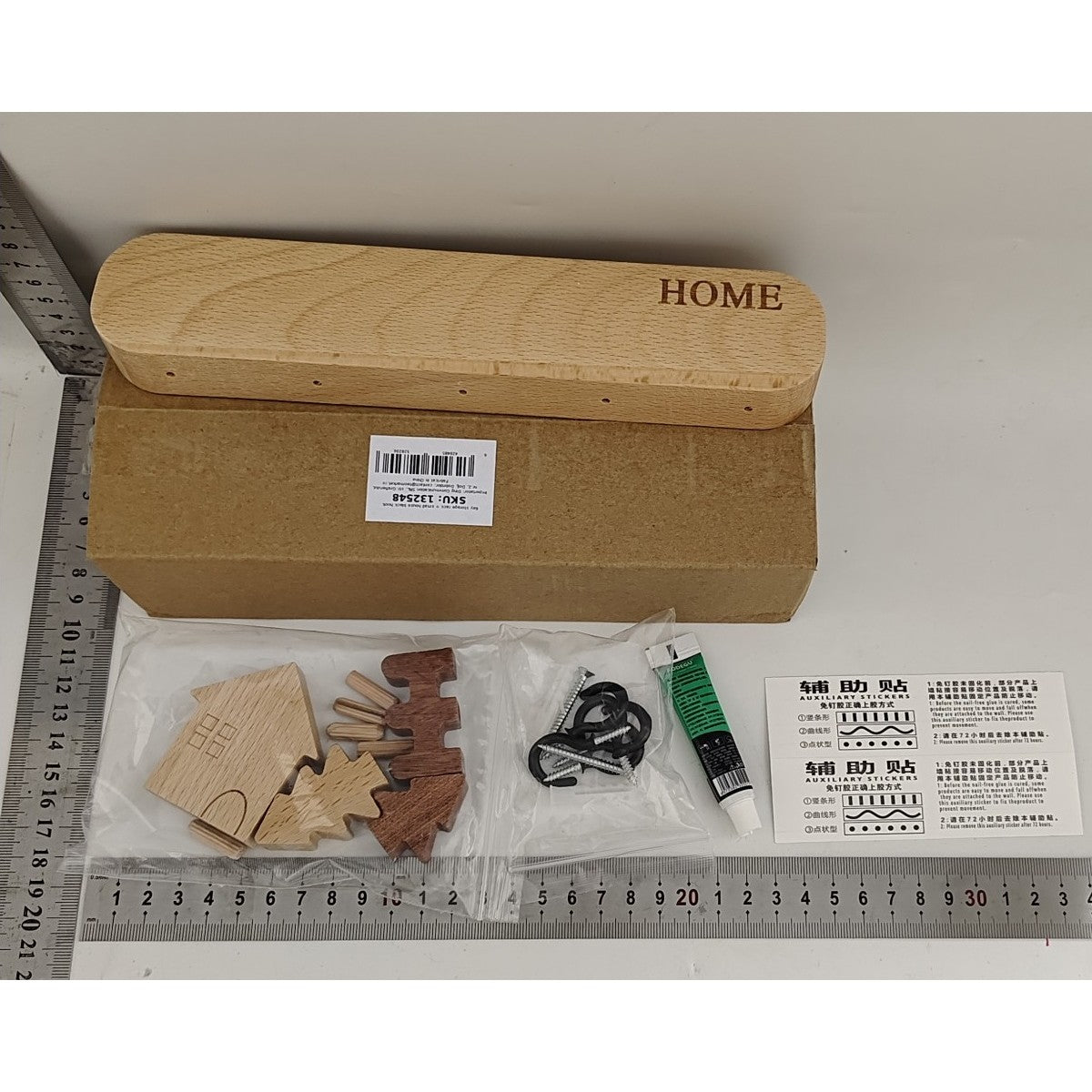 Suport pentru Chei, Flippy, din Lemn, Aplicare fara Perforare, Adeziv Inclus, 5 Carlige Negre, Model Casuta, Greutate Suportata 5 kg, 13.5 x 23 cm, Maro-4