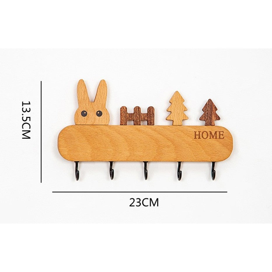 Suport pentru Chei, Flippy, din Lemn, Aplicare fara Perforare, Adeziv Inclus, 5 Carlige Negre, Model Iepure, Greutate Suportata 5 kg, 13.5 x 22 cm, Maro-1