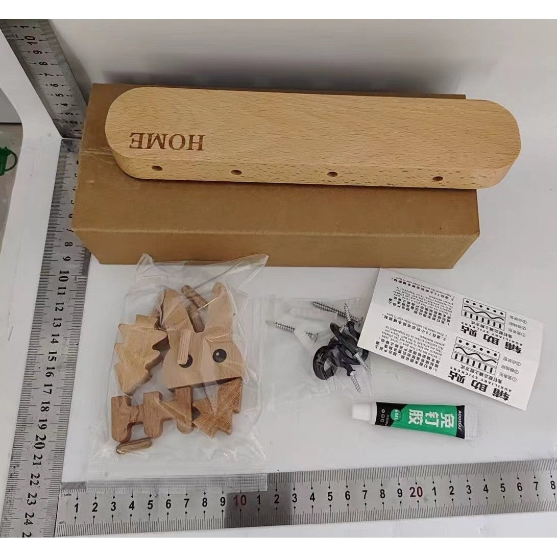 Suport pentru Chei, Flippy, din Lemn, Aplicare fara Perforare, Adeziv Inclus, 5 Carlige Negre, Model Iepure, Greutate Suportata 5 kg, 13.5 x 22 cm, Maro-5