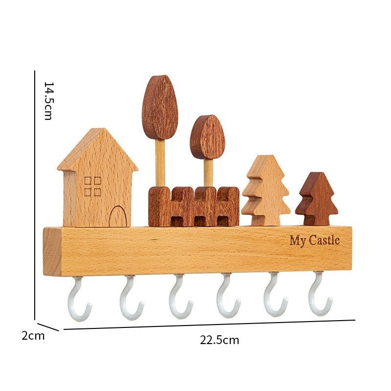 Suport pentru Chei, Flippy, din Lemn, Aplicare fara Perforare, Adeziv Inclus, 6 Carlige Albe, Model Casuta, Greutate Suportata 5 kg, 14.5 x 2 x 22.5 cm, Maro-1