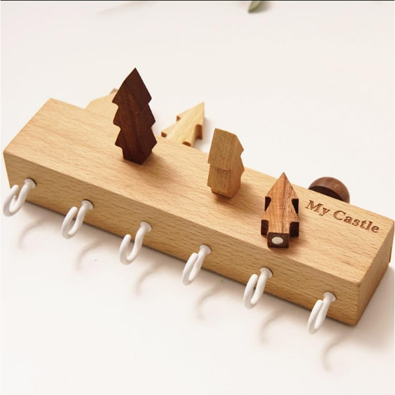 Suport pentru Chei, Flippy, din Lemn, Aplicare fara Perforare, Adeziv Inclus, 6 Carlige Albe, Model Casuta, Greutate Suportata 5 kg, 14.5 x 2 x 22.5 cm, Maro-4