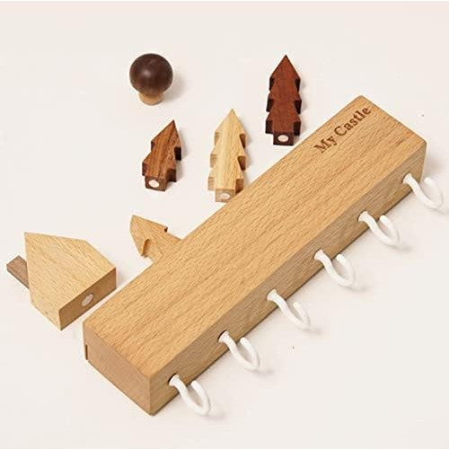 Suport pentru Chei, Flippy, din Lemn, Aplicare fara Perforare, Adeziv Inclus, 6 Carlige Albe, Model Casuta, Greutate Suportata 5 kg, 14.5 x 2 x 22.5 cm, Maro-5