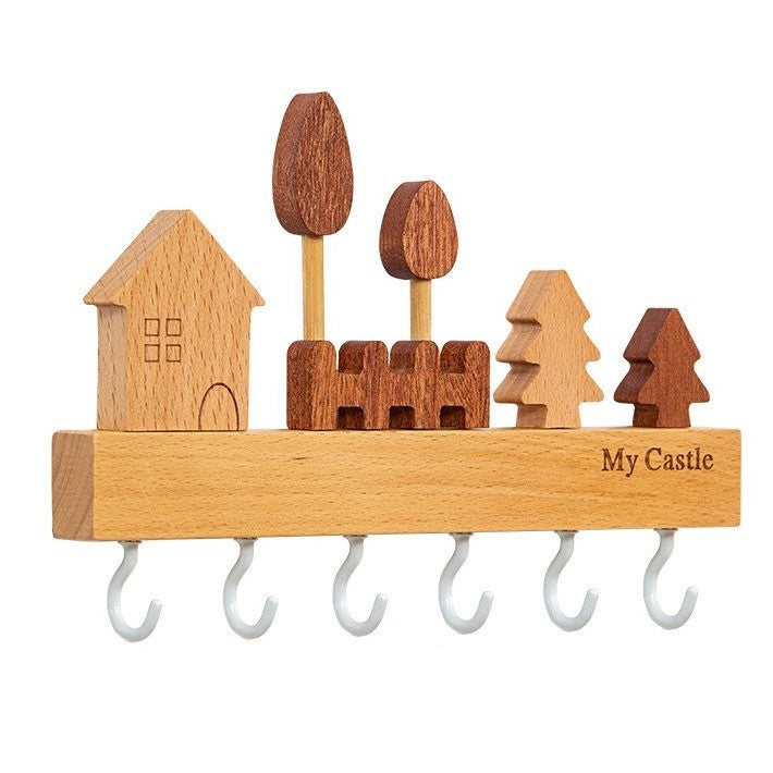 Suport pentru Chei, Flippy, din Lemn, Aplicare fara Perforare, Adeziv Inclus, 6 Carlige Albe, Model Casuta, Greutate Suportata 5 kg, 14.5 x 2 x 22.5 cm, Maro-0