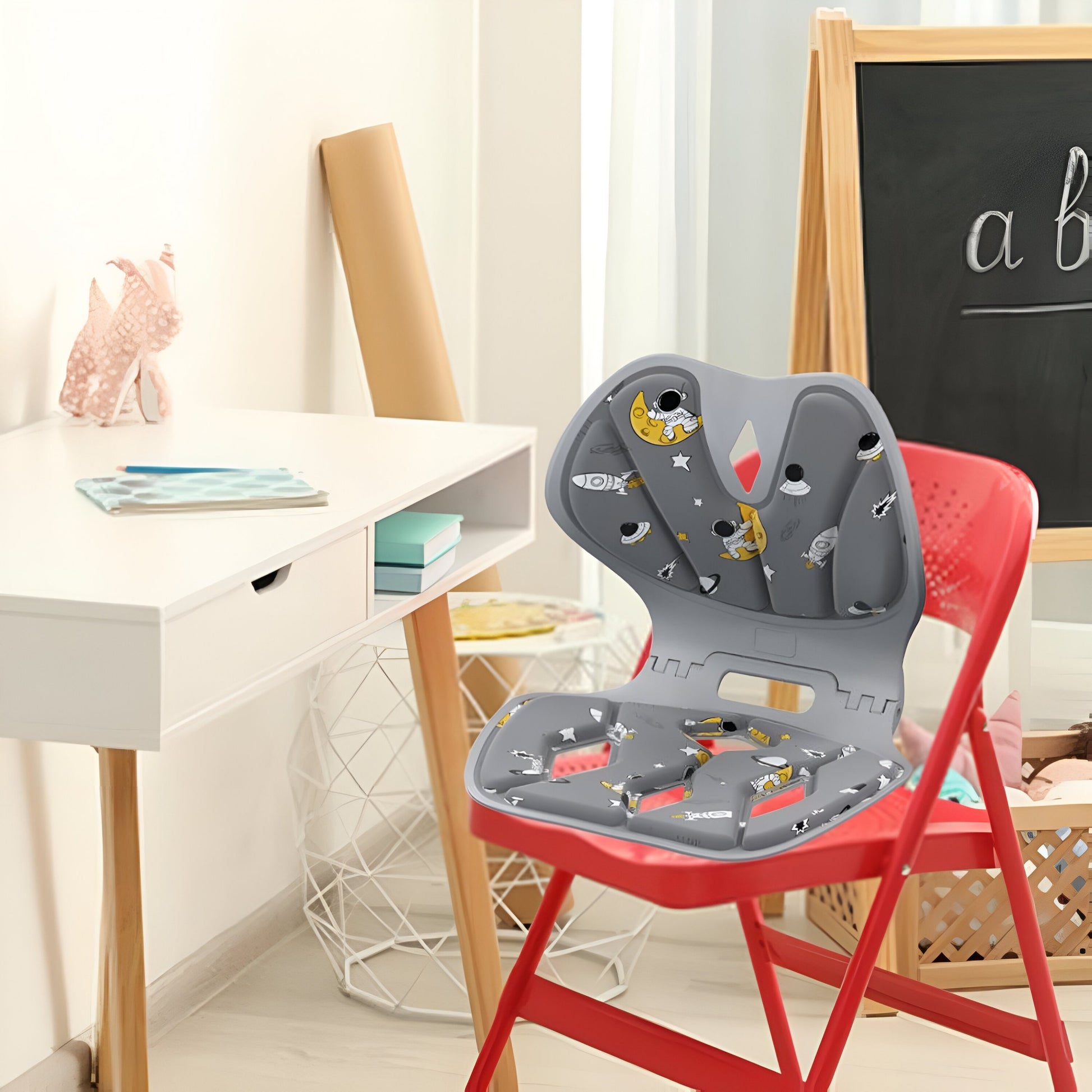 Suport pentru Scaun, Flippy, pentru Corectarea Posturii, Portabil, Pliabil, Ergonomic, Ameliorare Durere, Respirabil, 35x32x30 cm, Marime L, Model Rachete, Gri-1