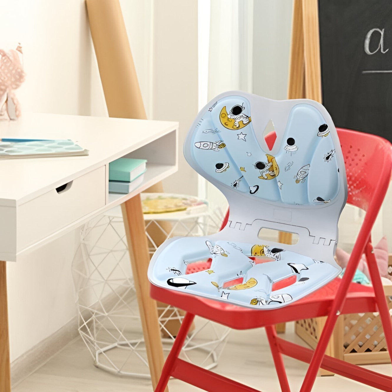Suport pentru Scaun, Flippy, pentru Corectarea Posturii, Portabil, Pliabil, Ergonomic, Ameliorare Durere, Respirabil, 35x32x30 cm, Marime L, Model Rachete, Albastru-4