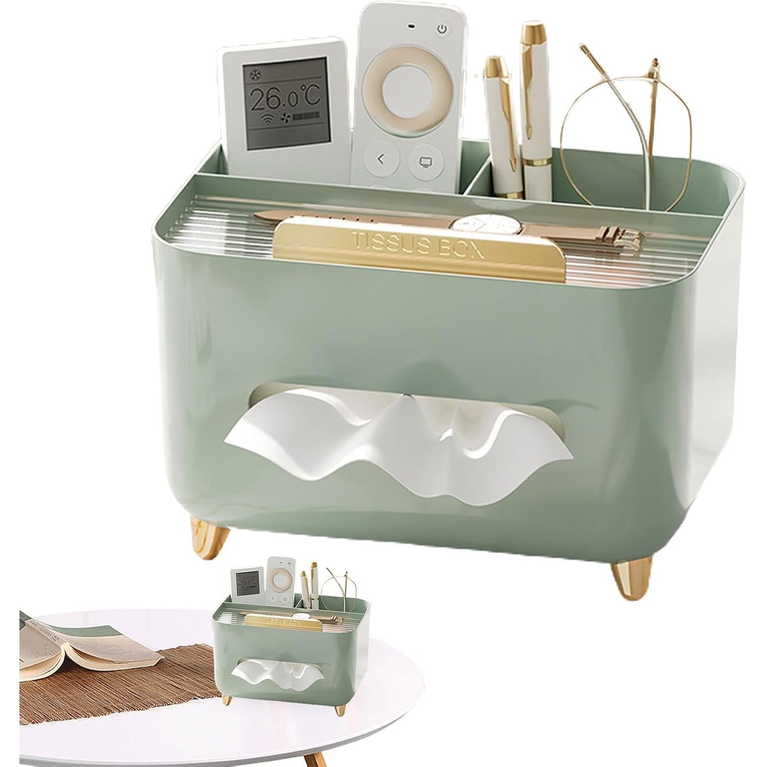 Suport pentru Servetele, Flippy, Cutie Multifunctionala, Design Minimalist, ABS, cu Suport pentru Obiectele Personale, pentru Birou, 21x15x13 cm, Verde-1