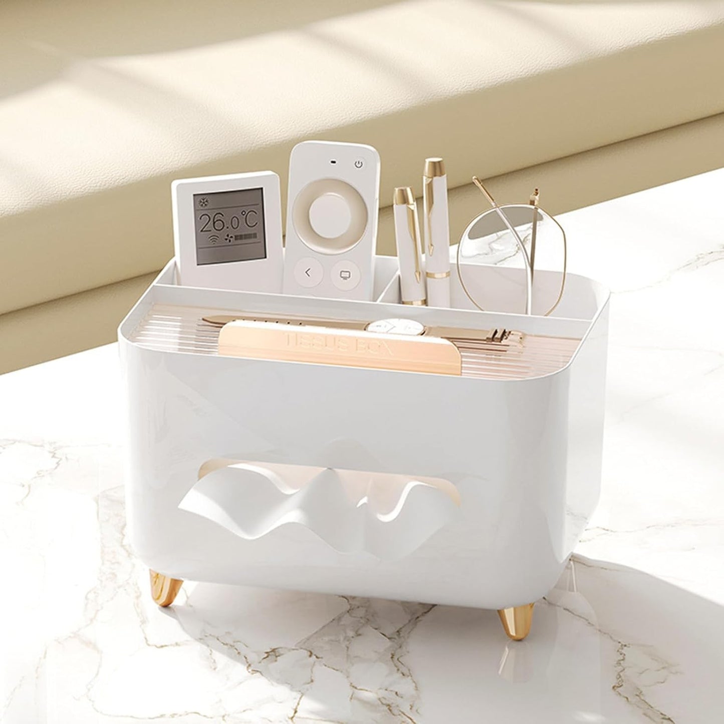 Suport pentru Servetele, Flippy, Cutie Multifunctionala, Design Minimalist, ABS, cu Suport pentru Obiectele Personale, pentru Birou, 21x15x13 cm, Alb-4