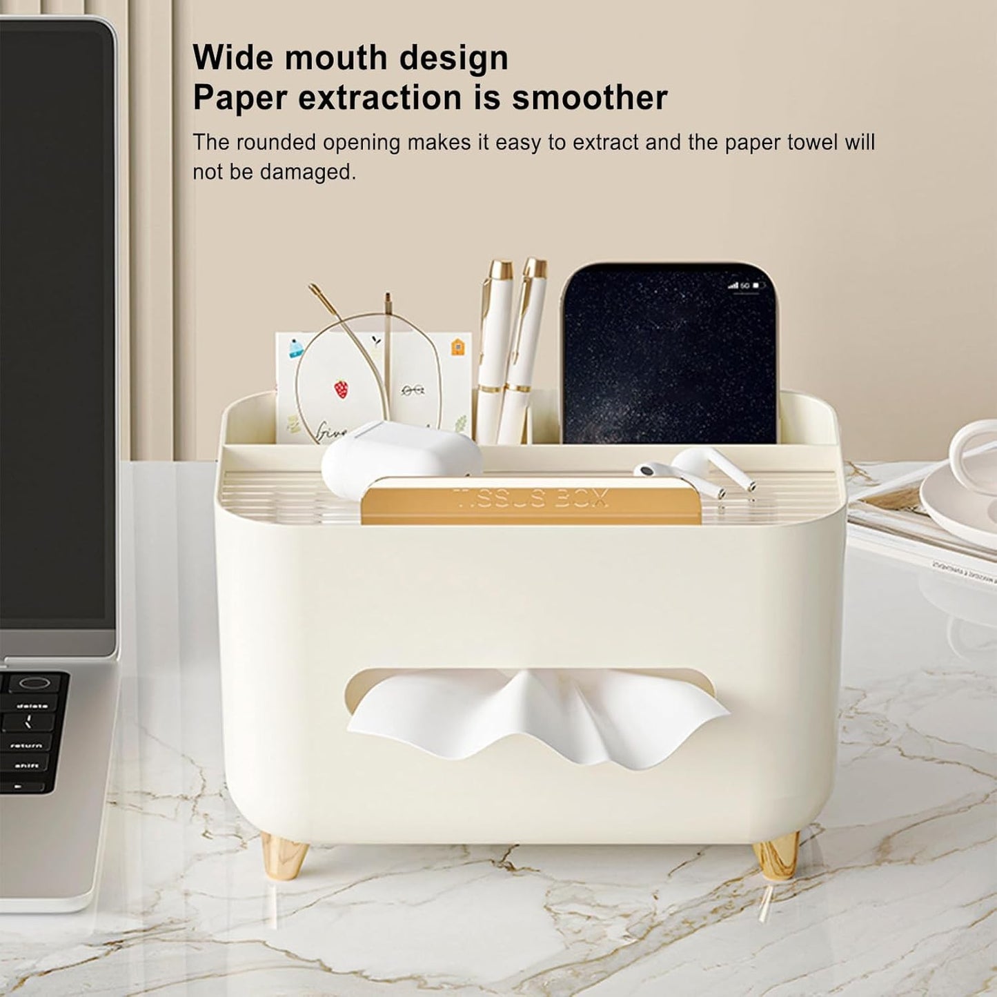 Suport pentru Servetele, Flippy, Cutie Multifunctionala, Design Minimalist, ABS, cu Suport pentru Obiectele Personale, pentru Birou, 21x15x13 cm, Crem-1
