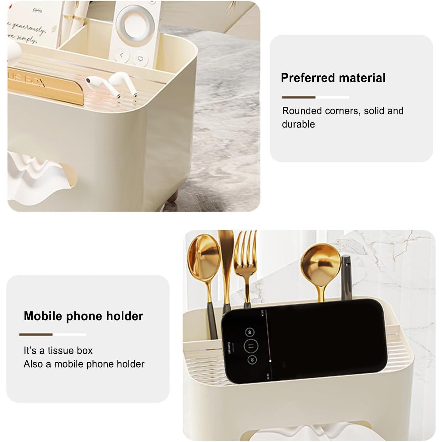 Suport pentru Servetele, Flippy, Cutie Multifunctionala, Design Minimalist, ABS, cu Suport pentru Obiectele Personale, pentru Birou, 21x15x13 cm, Crem-3