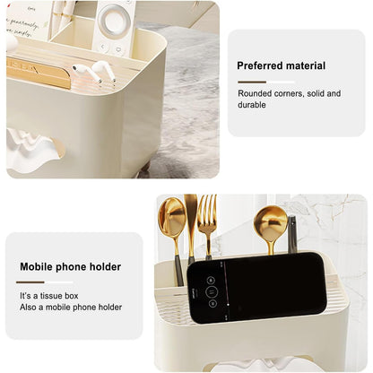 Suport pentru Servetele, Flippy, Cutie Multifunctionala, Design Minimalist, ABS, cu Suport pentru Obiectele Personale, pentru Birou, 21x15x13 cm, Crem-3