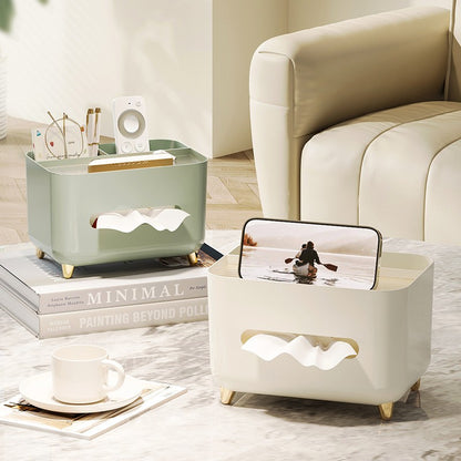 Suport pentru Servetele, Flippy, Cutie Multifunctionala, Design Minimalist, ABS, cu Suport pentru Obiectele Personale, pentru Birou, 21x15x13 cm, Crem-8