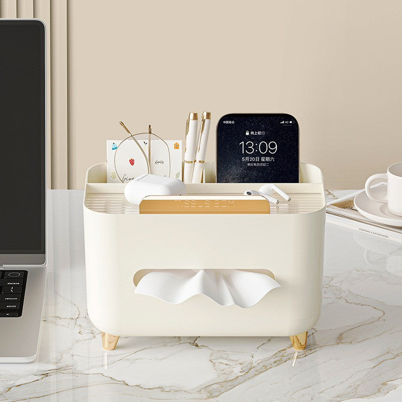 Suport pentru Servetele, Flippy, Cutie Multifunctionala, Design Minimalist, ABS, cu Suport pentru Obiectele Personale, pentru Birou, 21x15x13 cm, Crem-9