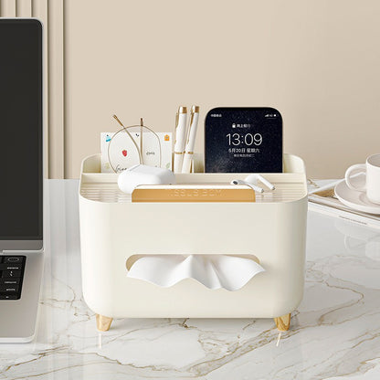 Suport pentru Servetele, Flippy, Cutie Multifunctionala, Design Minimalist, ABS, cu Suport pentru Obiectele Personale, pentru Birou, 21x15x13 cm, Crem-9