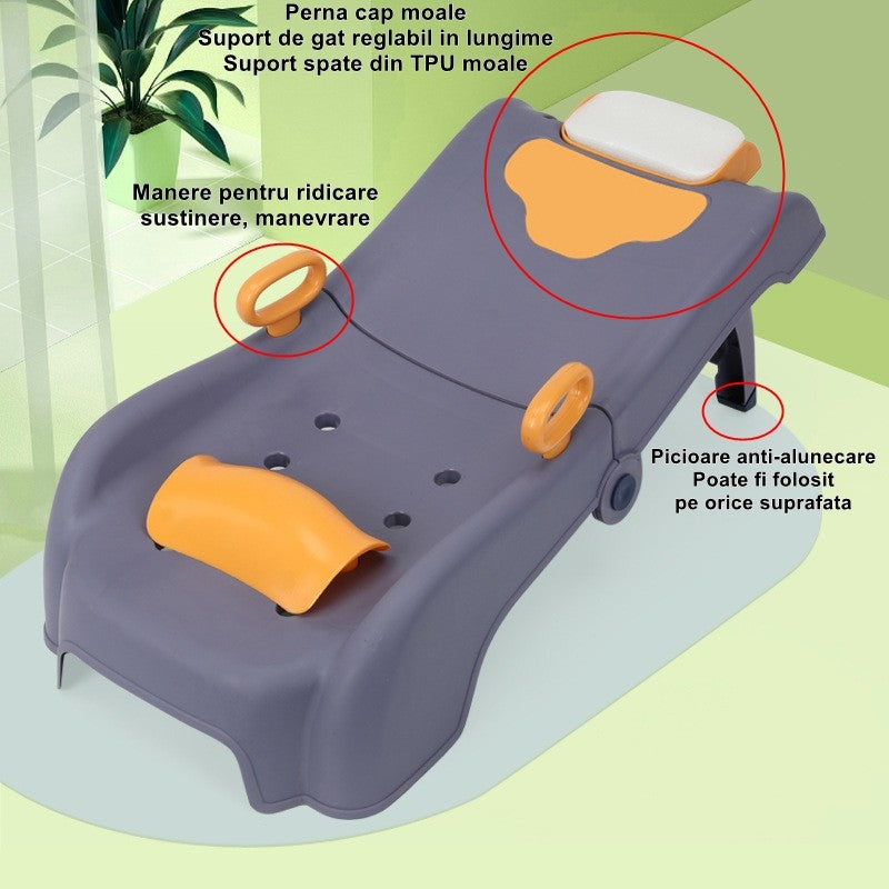 Suport Pliabil pentru Spalat Parul Flippy, Pentru Copii, 0 - 16 ani, cu Picioare Antialunecare, Material Polipropilena, Suport Cap Reglabil, cu Manere, 82 x 40 x 28 cm, Bleumarin-2