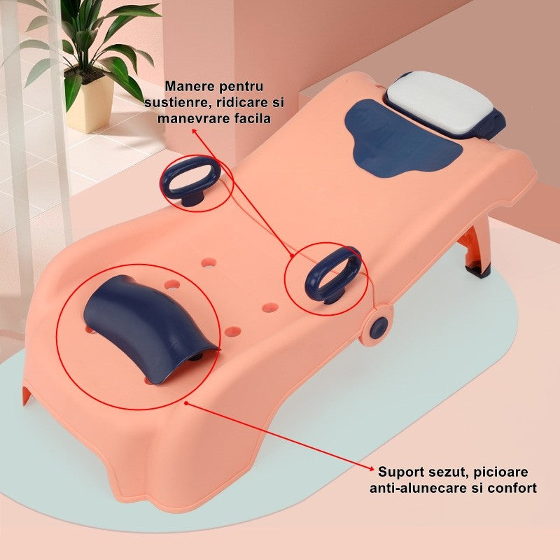 Suport Pliabil pentru Spalat Parul Flippy, Pentru Copii, 0 - 16 ani, cu Picioare Antialunecare, Material Polipropilena, Suport Cap Reglabil, cu Manere, 82 x 40 x 28 cm, Roz pal-1