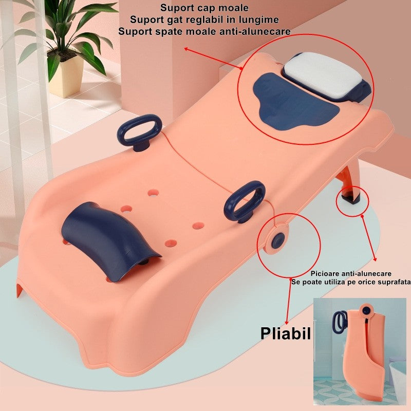 Suport Pliabil pentru Spalat Parul Flippy, Pentru Copii, 0 - 16 ani, cu Picioare Antialunecare, Material Polipropilena, Suport Cap Reglabil, cu Manere, 82 x 40 x 28 cm, Roz pal-2