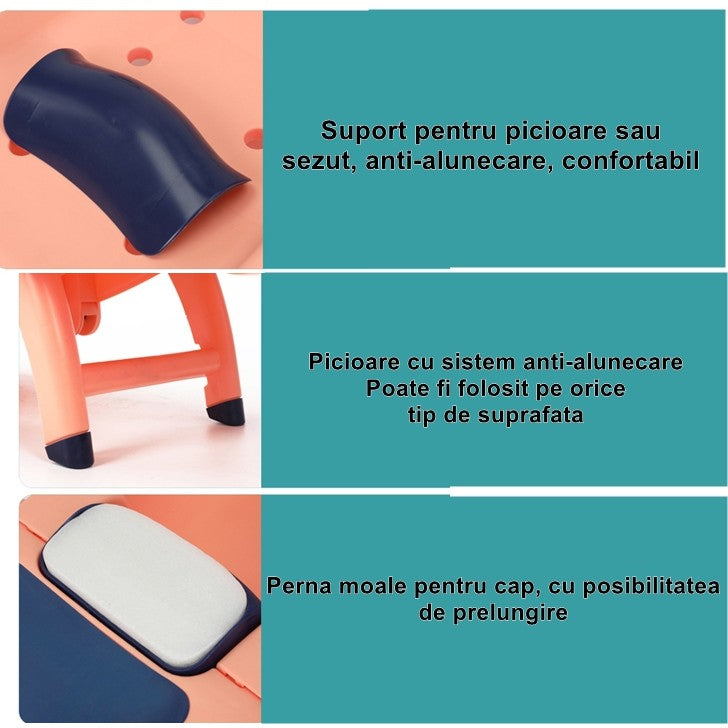 Suport Pliabil pentru Spalat Parul Flippy, Pentru Copii, 0 - 16 ani, cu Picioare Antialunecare, Material Polipropilena, Suport Cap Reglabil, cu Manere, 82 x 40 x 28 cm, Roz pal-6