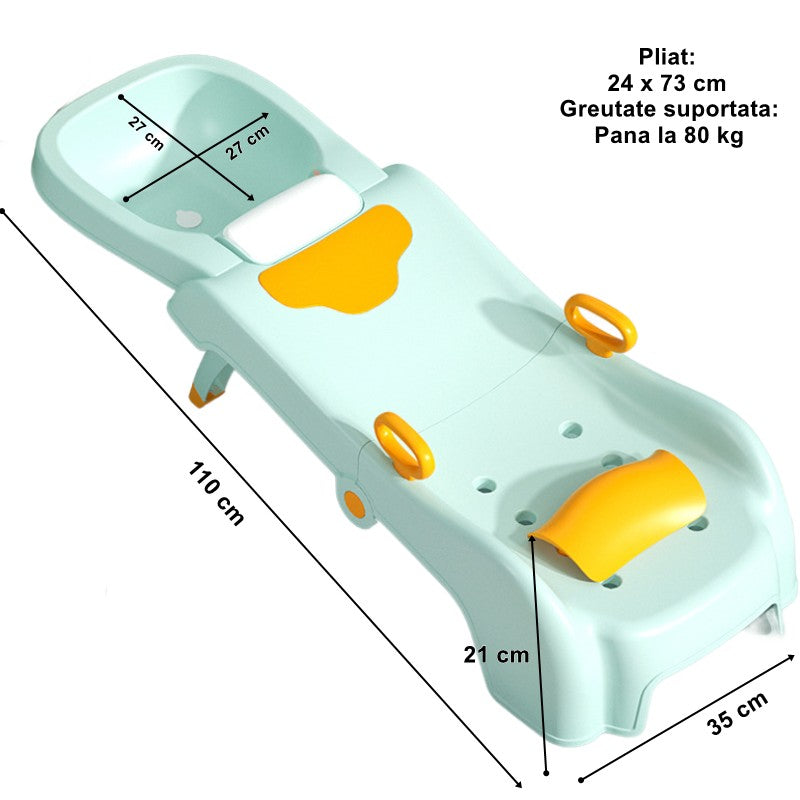 Suport Pliabil pentru Spalat Parul Flippy, Pentru Copii, cu Scurgere, cu Picioare Antialunecare, Material Polipropilena, Suport Cap Reglabil, cu Manere, 110 x 35 x 21 cm, Verde-6