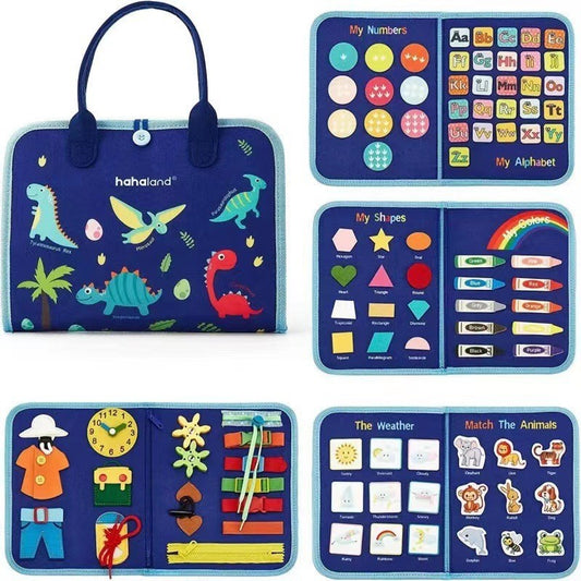 Carte Senzoriala Educativa Montessori, Flippy, Dezvoltare Abilitati Motorii, 5 Pagini, Model Dinozauri, 28x22x7 cm, Albastru-0