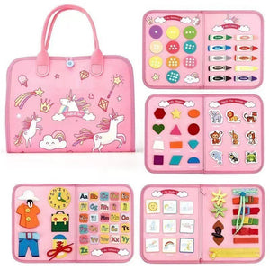 Carte Senzoriala Educativa Montessori, Flippy, Dezvoltare Abilitati Motorii, 5 Pagini, Model Unicorni, 28x22x7 cm, Roz-0