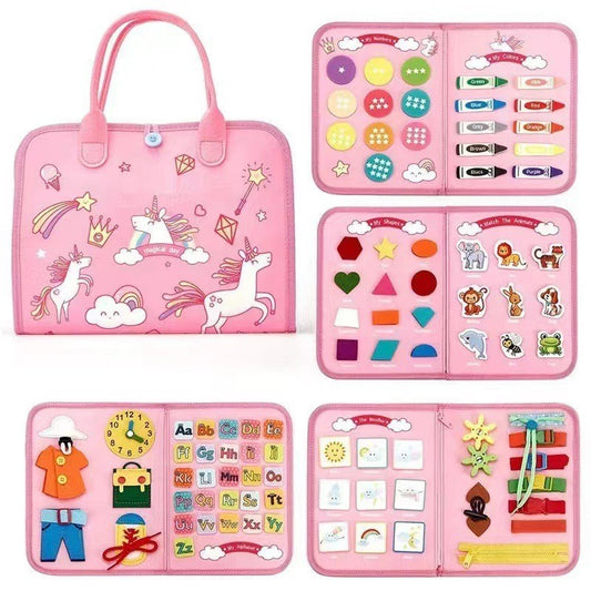 Carte Senzoriala Educativa Montessori, Flippy, Dezvoltare Abilitati Motorii, 5 Pagini, Model Unicorni, 28x22x7 cm, Roz-0