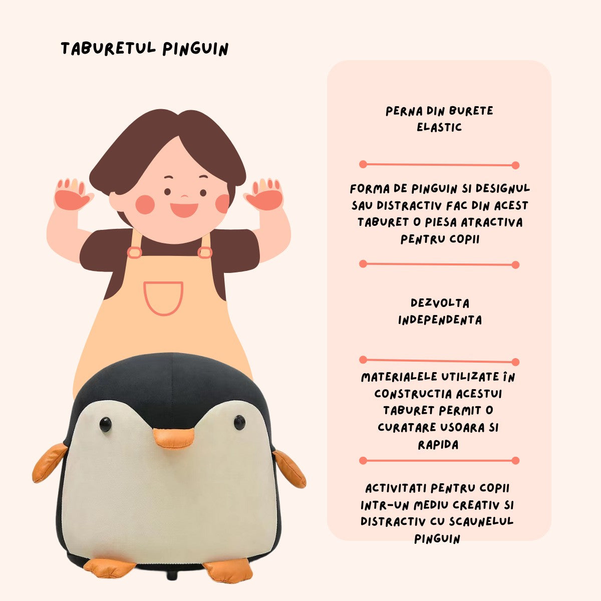 Taburet Pentru Copii, Flippy, Cadru din Lemn Masiv, 25 x 29 x 29 cm, Perna de Burete Elastica si Maner de Transport, in Forma de Pinguin, Negru-1