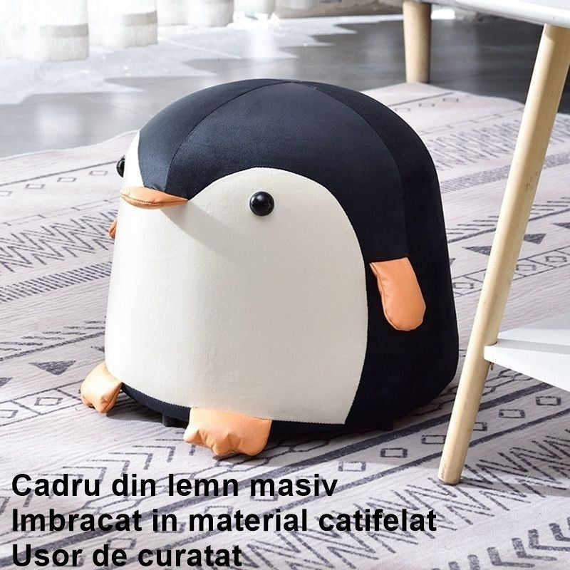 Taburet Pentru Copii, Flippy, Cadru din Lemn Masiv, 25 x 29 x 29 cm, Perna de Burete Elastica si Maner de Transport, in Forma de Pinguin, Negru-2