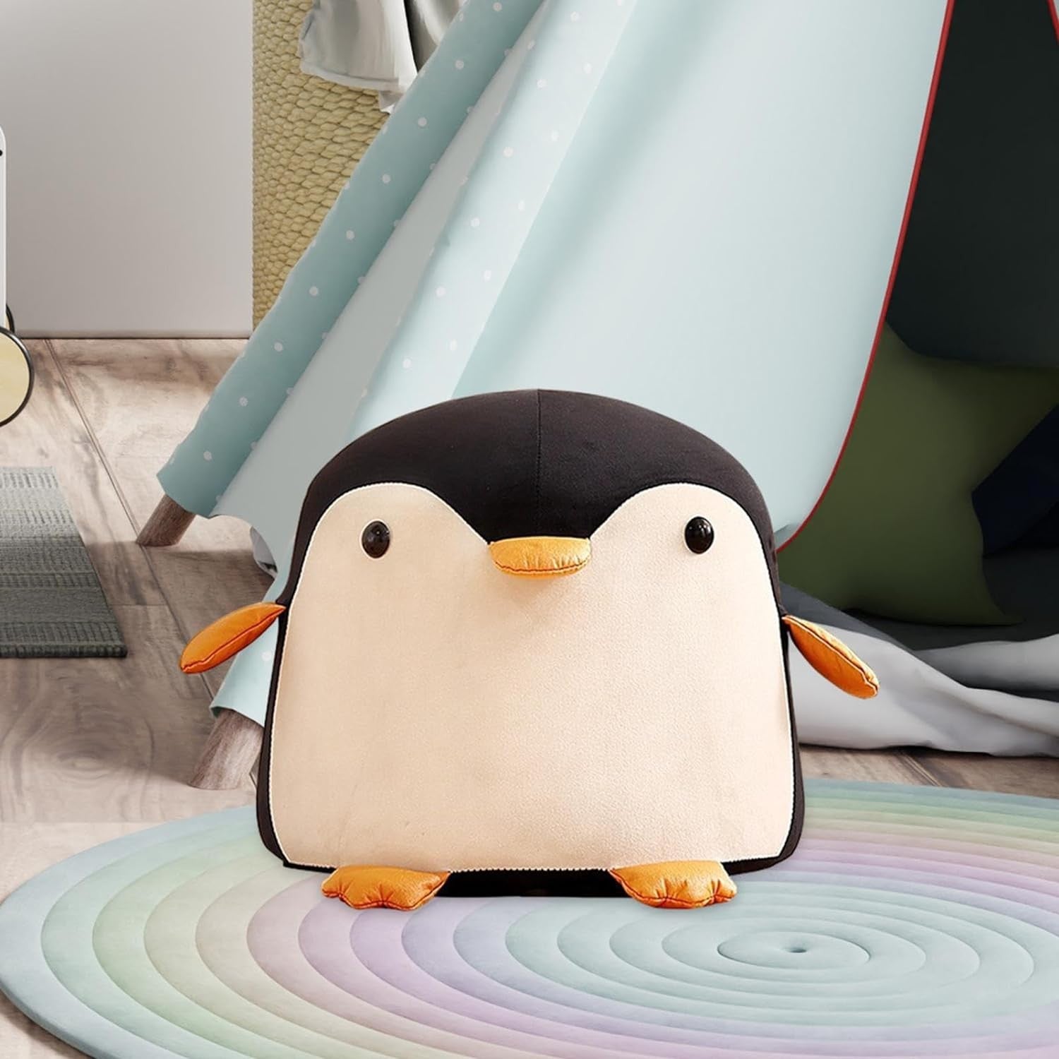 Taburet Pentru Copii, Flippy, Cadru din Lemn Masiv, 25 x 29 x 29 cm, Perna de Burete Elastica si Maner de Transport, in Forma de Pinguin, Negru-5