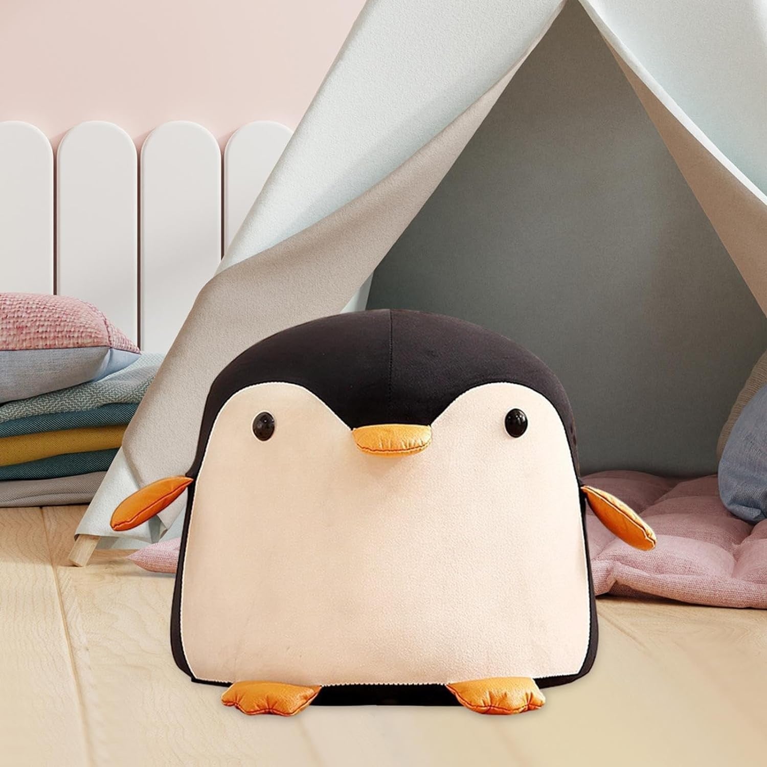 Taburet Pentru Copii, Flippy, Cadru din Lemn Masiv, 25 x 29 x 29 cm, Perna de Burete Elastica si Maner de Transport, in Forma de Pinguin, Negru-6