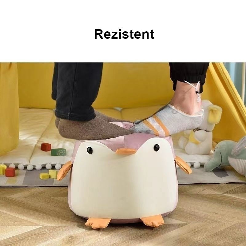 Taburet Pentru Copii, Flippy, Cadru din Lemn Masiv, 25 x 29 x 29 cm, Perna de Burete Elastica si Maner de Transport, in Forma de Pinguin, Roz-1