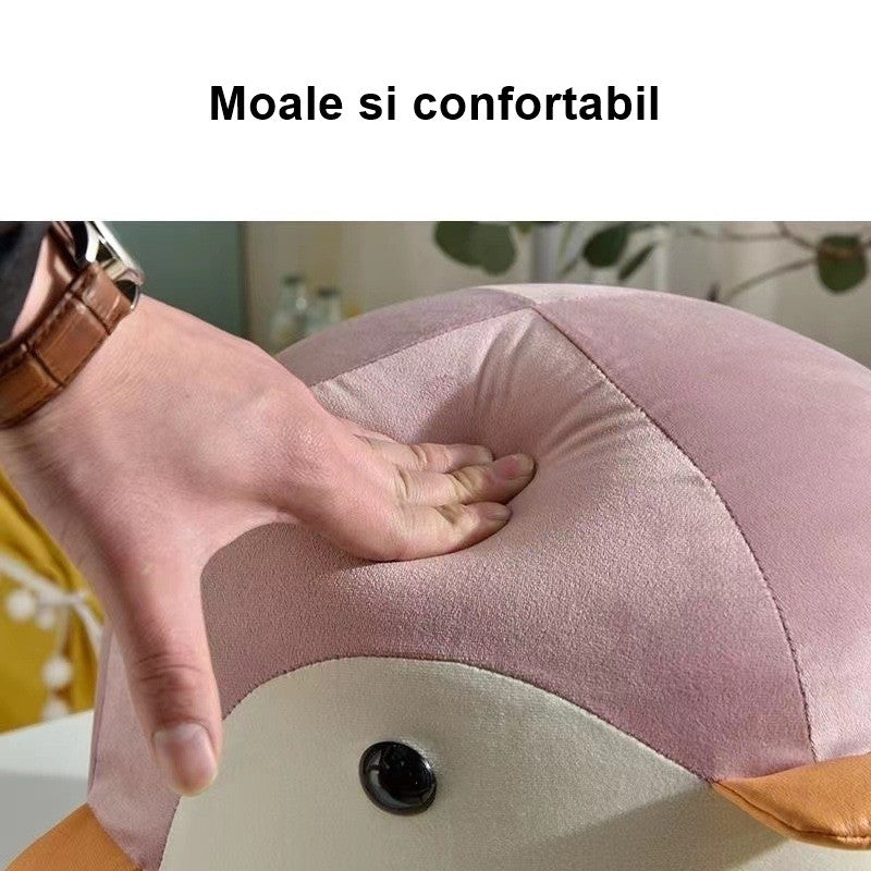 Taburet Pentru Copii, Flippy, Cadru din Lemn Masiv, 25 x 29 x 29 cm, Perna de Burete Elastica si Maner de Transport, in Forma de Pinguin, Roz-2