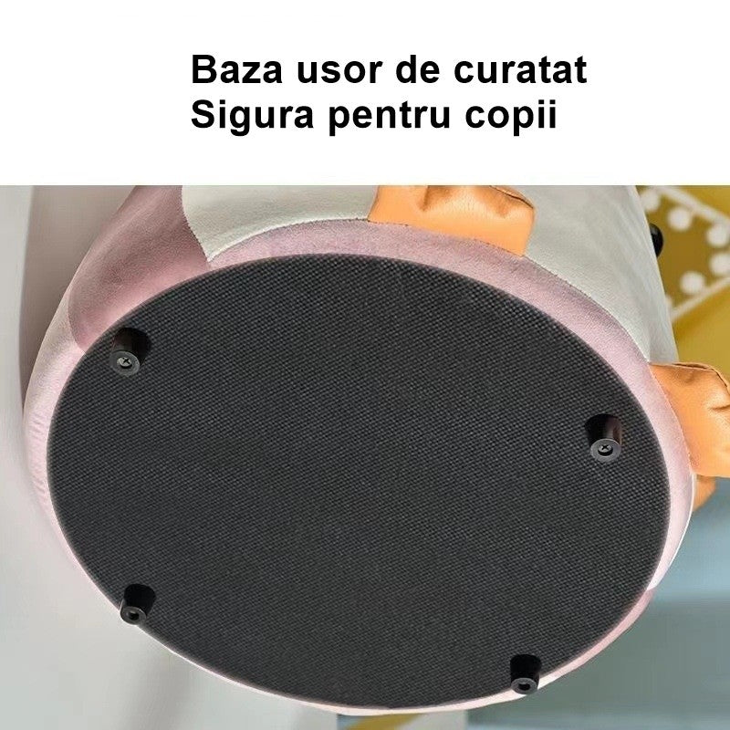 Taburet Pentru Copii, Flippy, Cadru din Lemn Masiv, 25 x 29 x 29 cm, Perna de Burete Elastica si Maner de Transport, in Forma de Pinguin, Roz-3