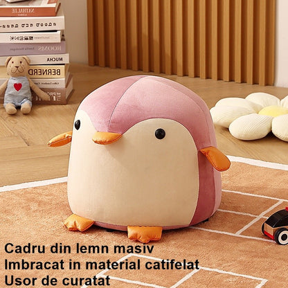 Taburet Pentru Copii, Flippy, Cadru din Lemn Masiv, 25 x 29 x 29 cm, Perna de Burete Elastica si Maner de Transport, in Forma de Pinguin, Roz-4