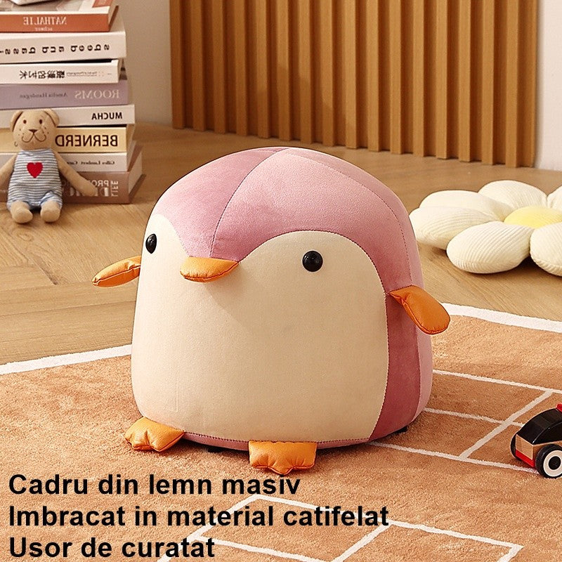 Taburet Pentru Copii, Flippy, Cadru din Lemn Masiv, 25 x 29 x 29 cm, Perna de Burete Elastica si Maner de Transport, in Forma de Pinguin, Roz-4