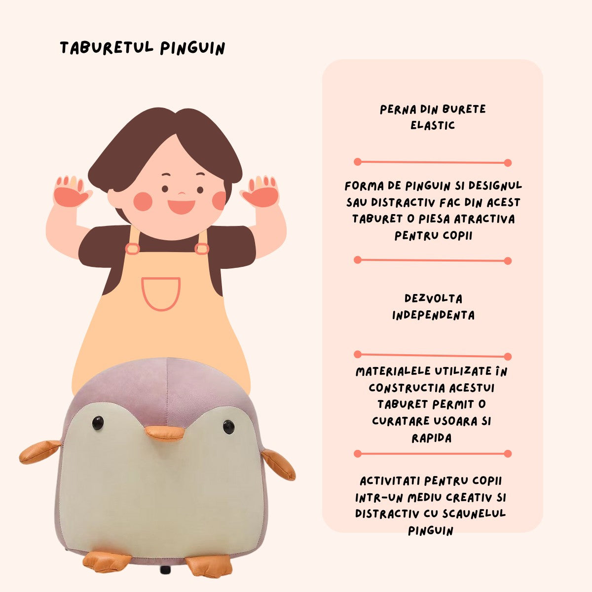Taburet Pentru Copii, Flippy, Cadru din Lemn Masiv, 25 x 29 x 29 cm, Perna de Burete Elastica si Maner de Transport, in Forma de Pinguin, Roz-5