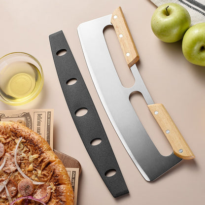 Taietor Feliator de Pizza, Flippy, din Otel Inoxidabil, cu Capac, Maner din Doua Bucatie, din Lemn, Antialunecare, Lama Neteda si Ascutita, 34x10 cm, Maro-8