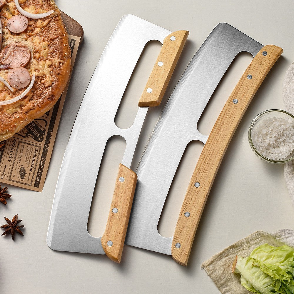 Taietor Feliator de Pizza, Flippy, din Otel Inoxidabil, cu Capac, Maner din Doua Bucatie, din Lemn, Antialunecare, Lama Neteda si Ascutita, 34x10 cm, Maro-10