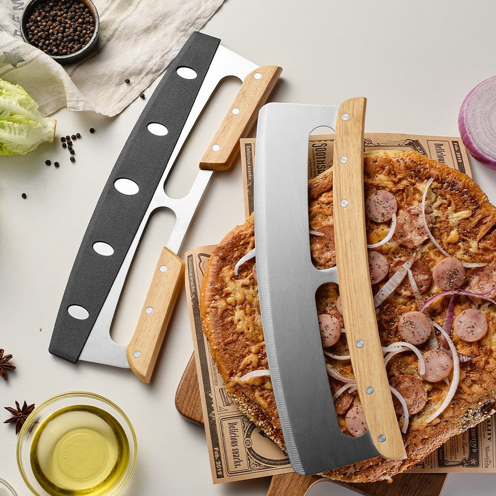 Taietor Feliator de Pizza, Flippy, din Otel Inoxidabil, cu Capac, Maner din Doua Bucatie, din Lemn, Antialunecare, Lama Neteda si Ascutita, 34x10 cm, Maro-11