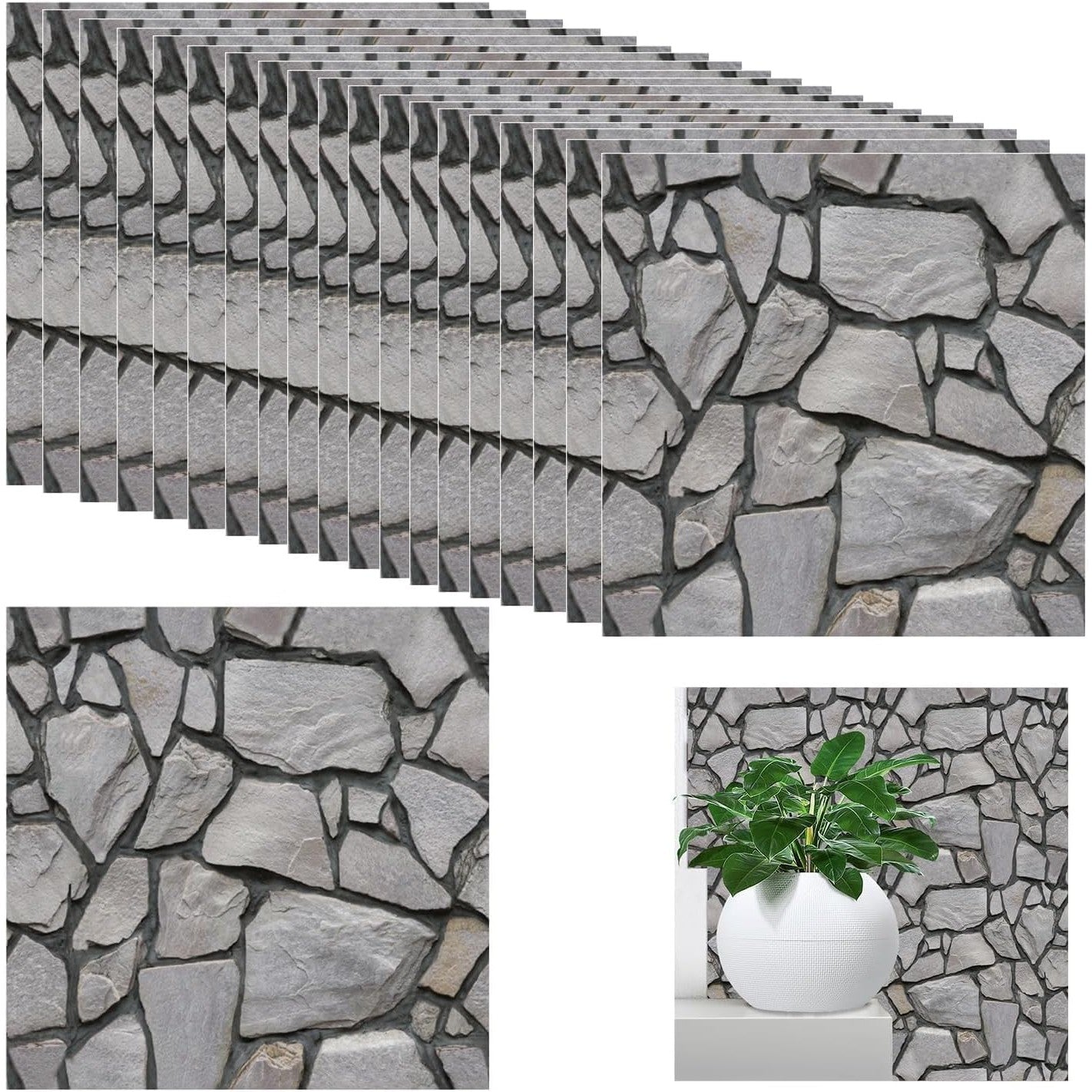 10 x Placi Tapet Autocolant 3D cu Imitatie de Pietre, pentru Perete Bucatarie Sufragerie, Usor de Curatat, Rezistent la Apa, Autoadeziv, 30x30 cm, Gri-3