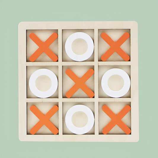 Jucarie Montessori Tic Tac Toe, Flippy, Educativa, Interactiva, din lemn, X si O, 9 Piese, 14.3x14.3 cm, Portocaliu Alb-1