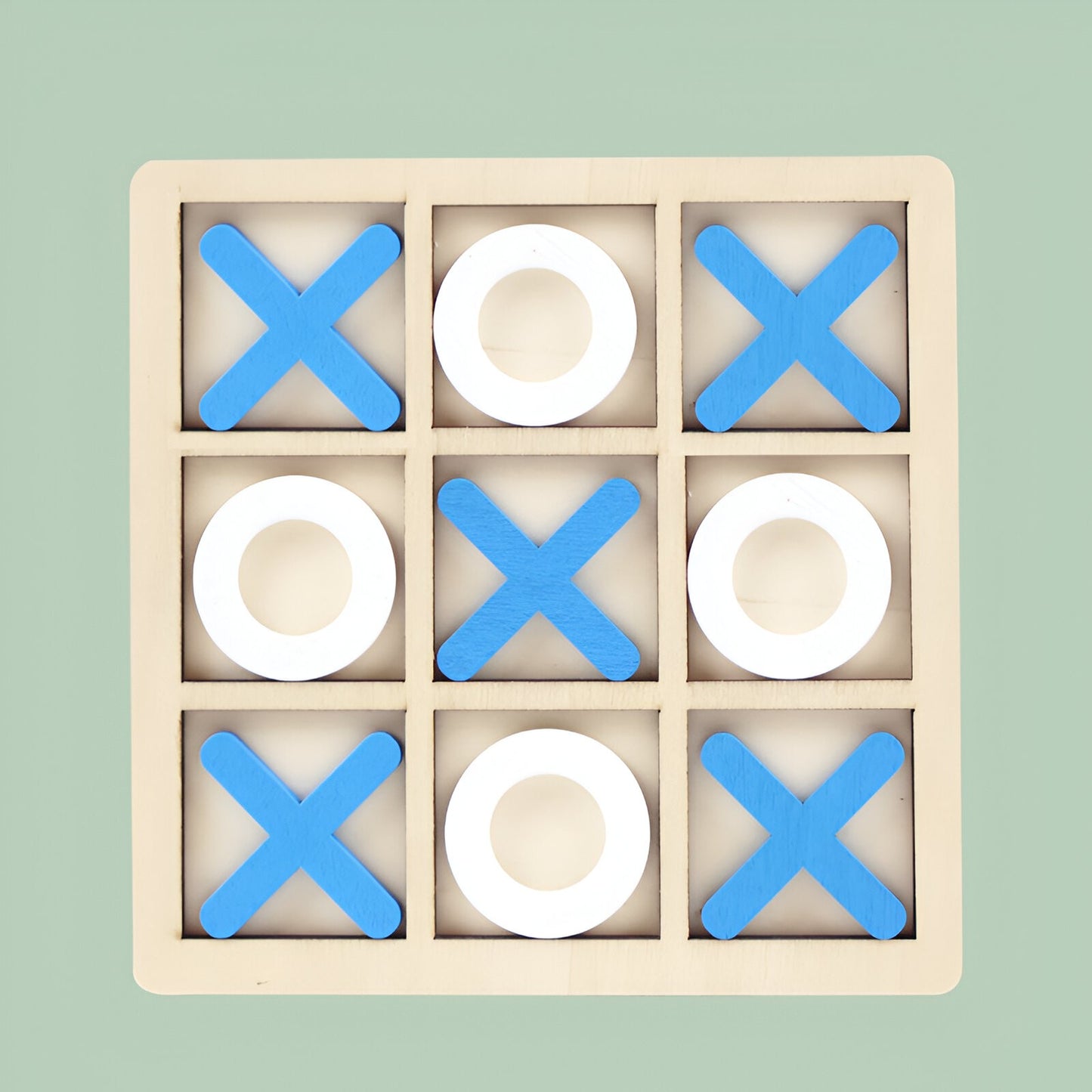 Jucarie Montessori Tic Tac Toe, Flippy, Educativa, Interactiva, din lemn, X si O, 9 Piese, 14.3x14.3 cm, Albastru Alb-4